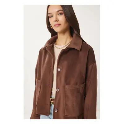 Happiness İstanbul Women's Brown Wide Pocket Soft Stamp Jacket