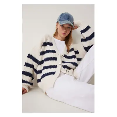 Happiness İstanbul Women's Ecru Navy Blue V Neck Striped Knitwear Cardigan