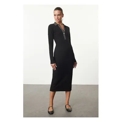 Trendyol Black Color Block Bodycone/Fits on Body Snap Detail Midi Knit Dress