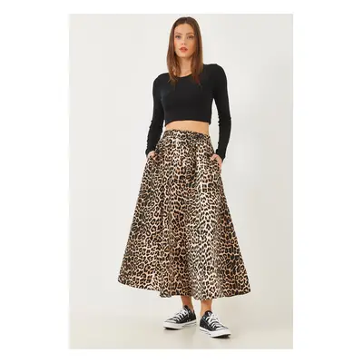 Bianco Lucci Women's Leopard Patterned Pocket Detailed Elastic Waist Parachute Balloon Skirt