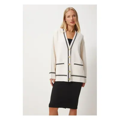 Happiness İstanbul Women's Cream Contrast Detail Pocket Long Knit Cardigan