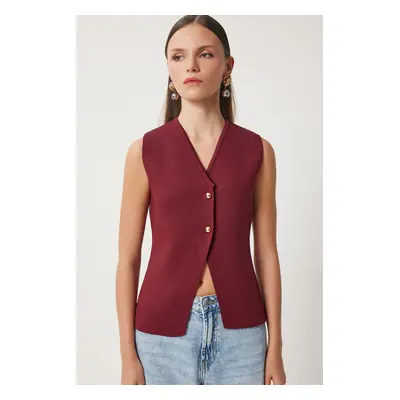 Happiness İstanbul Women's Burgundy V-Neck Stylish Buttoned Knit Vest