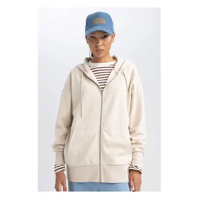 DEFACTO Oversize Wide Pattern Hooded Pocket Basic Plain Zippered Sweatshirt