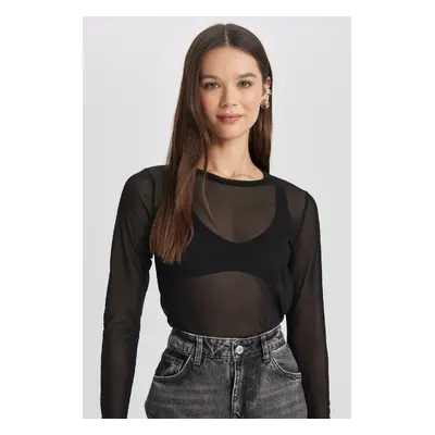 DEFACTO Regular Fit Crew Neck Tulle Long Sleeve T-Shirt