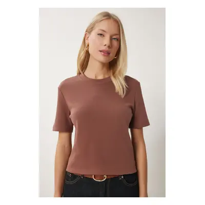 Happiness İstanbul Women's Brown Cotton Basic Knitted T-Shirt