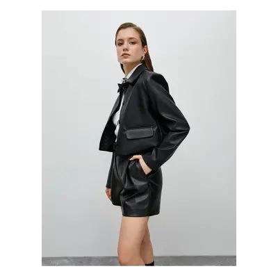 Koton Faux Leather Jacket Crop Covered Pocket Buttoned