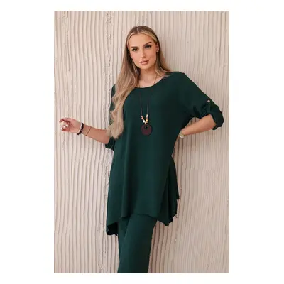 Women's set blouse with pendant + trousers - dark green