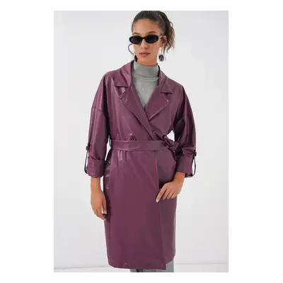 Bigdart Belted Faux Leather Trench Coat - Plum