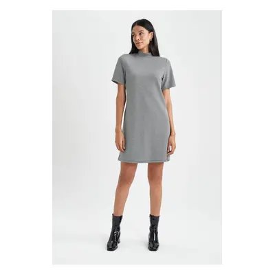 DEFACTO A-Line Half Turtleneck Houndstooth Jacquard Mini Short Sleeve Dress