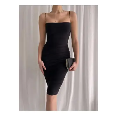 64500 Dewberry Thin Strap Draped Midi Evening Dress-BLACK