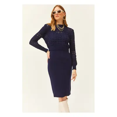 Olalook Women's Navy Blue Thin Strappy Knitwear Dress Openwork Sweater Suit