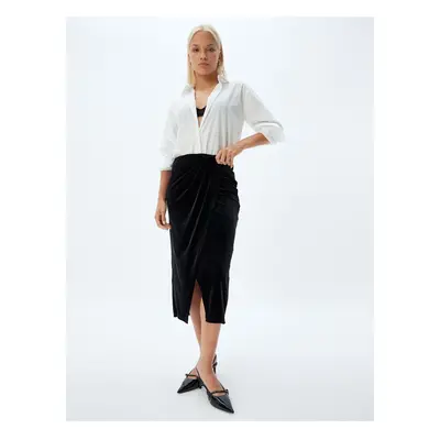 Koton Double Breasted Velvet Skirt Midi Length Asymmetrical Slim Fit