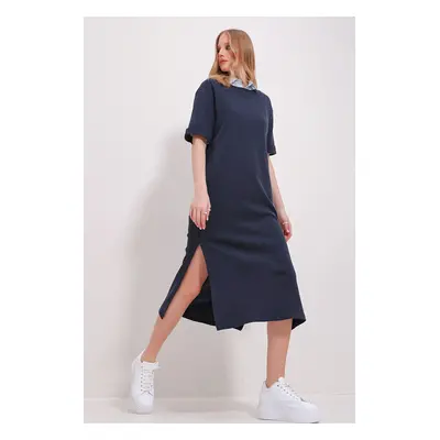 Trend Alaçatı Stili Women's Navy Blue Crew Neck Double Sleeve Slit Dress