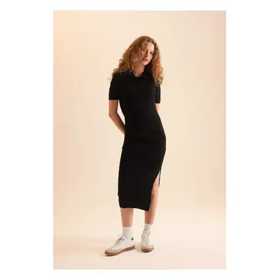 DEFACTO Fitted Polo Neck Short Sleeve Slit Midi Knitwear Dress