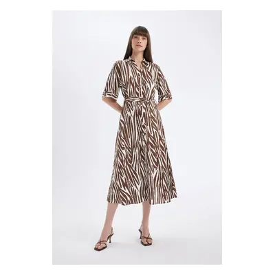 DEFACTO Shirt Collar Patterned Linen Blend Short Sleeve Midi Dress