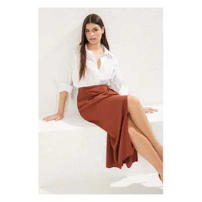 Trendyol Brown Flowy Fabric with Gathered Detail With Slits Maxi Skirt