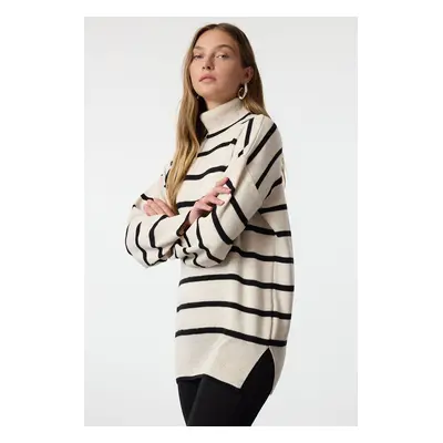 Trendyol Stone Striped Wide Pattern Long Length Knitted Sweater