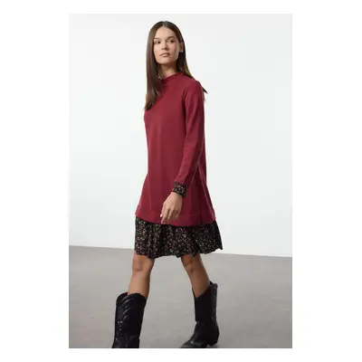 Trendyol Burgundy Floral Printed Mini Thessaloniki Stand Collar Knitted Dress