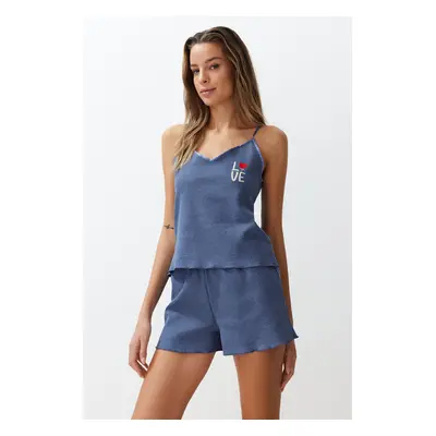 Trendyol Blue Textured Embroidered Rope Strap Knitted Pajama Set