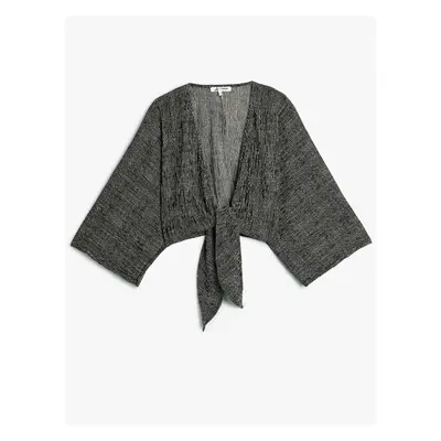 Koton Crop Cardigan with Wrap Tie Detail V-Neck Bat Sleeve