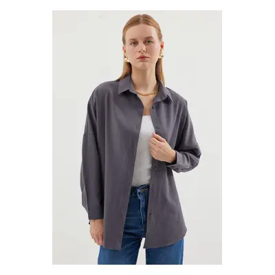 Bigdart Women's Gray Plain Oversize Long Basic Shirt