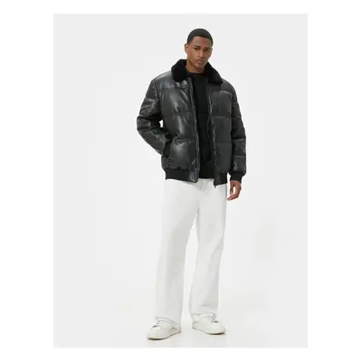 Koton Faux Leather Puffer Jacket with Fur Collar and Pocket