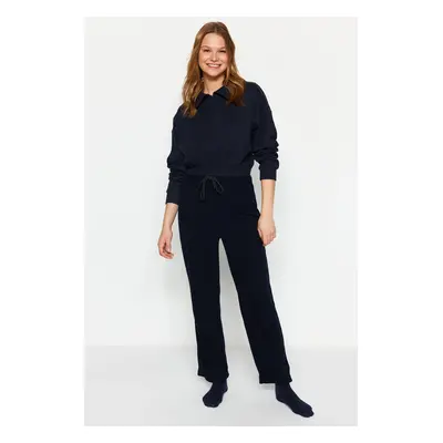 Trendyol Navy Blue Soft Feel Velvet Lace Detail Knitted Pajama Bottoms