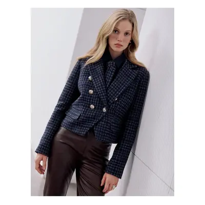 Koton Short Double Breasted Tweed Blazer Jacket Wool Blend Asymmetric Buttoned Pockets