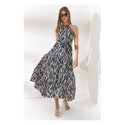 Olalook Women's Zebra Black Halter Collar Belted Woven Viscon Dress