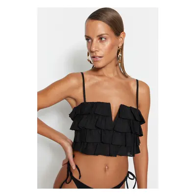 Trendyol Black Crop Woven Ruffled 100% Cotton Blouse