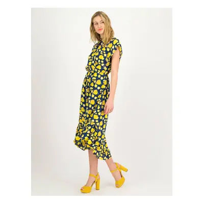 Yellow-navy blue midi dress with Blutsgeschwister motif - Women's