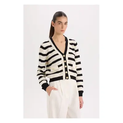 DEFACTO Regular Fit V Neck Striped Buttoned Knitted Cardigan