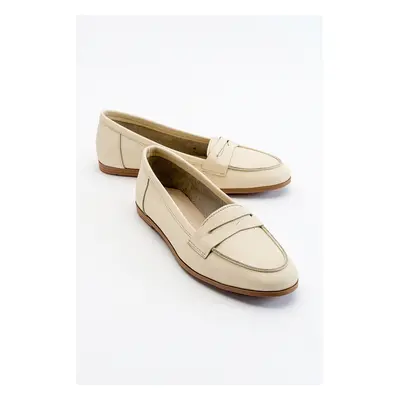 LuviShoes F02 Women's Ecru Beige Skin Genuine Leather Flats.