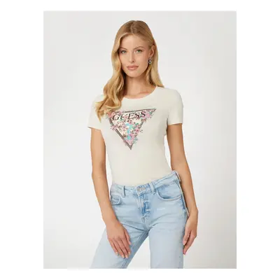 Cream women's T-shirt with Guess logo - Women's