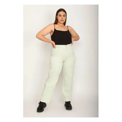 Şans Women's Large Size Green Comfortable Cut, Pockets Jeans Trousers