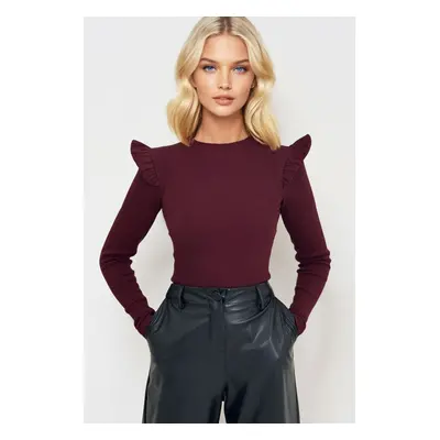 Trend Alaçatı Stili Women's Burgundy Shoulder Ruffles Half Fisherman Sweater