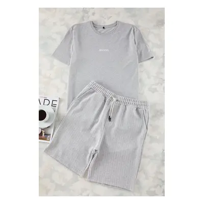 Trendyol Grey Regular Fit Printed / Striped Shorts Knitted Pajama Set