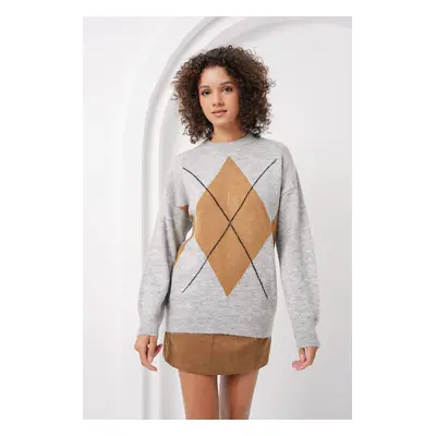 Bigdart Oversize Knitted Sweater with Diamond Pattern - Gray