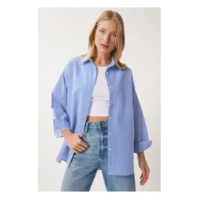 Happiness İstanbul Women's Blue Striped Oversize Long Basic Shirt