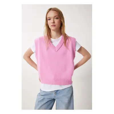 Happiness İstanbul Women's Pink V Neck Knitted Sweater