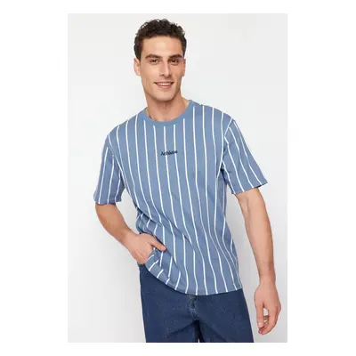 Trendyol Indigo Oversize/Wide Cut Striped 100% Cotton T-Shirt