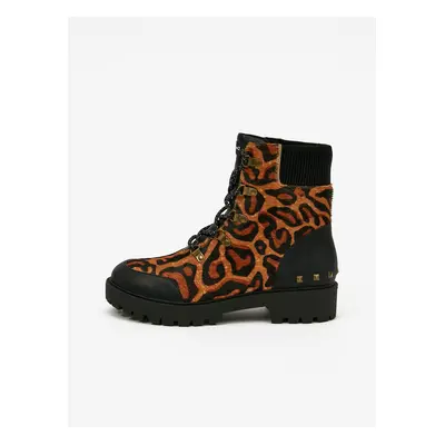 Brown Leather Ankle Boots with Leopard Pattern Desigual Biker Le - Ladies