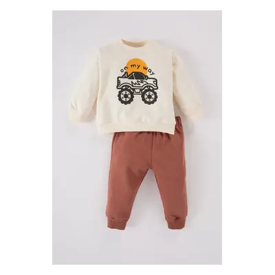 DEFACTO Baby Boy 2-Piece Set Crew Neck Vehicle Printed Sweatshirt Elastic Waist Tracksuit Bottom