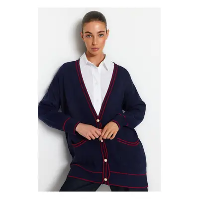 Trendyol Navy Blue Pearl gombos áttört kötöttáru Cardigan