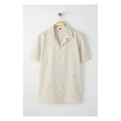 Trendyol Ecru Regular Fit Short Sleeve Embroidered Linen Look Summer Shirt