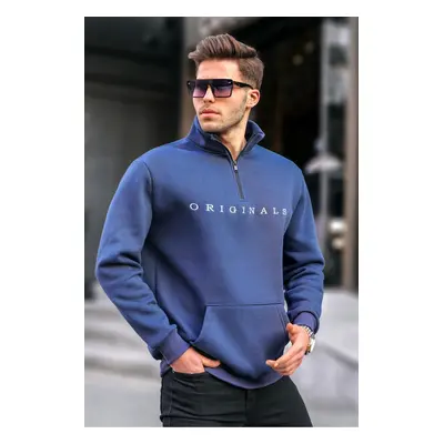 Madmext Navy Blue Zipper Collar Embroidered Sweatshirt