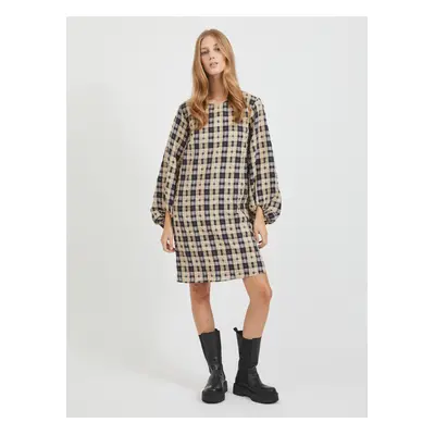 Black-beige ladies plaid dress with balloon sleeves VILA Demi - Ladies