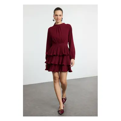 Trendyol Burgundy Skater/Waist Open Pleated Stand Collar Mini Woven Dress