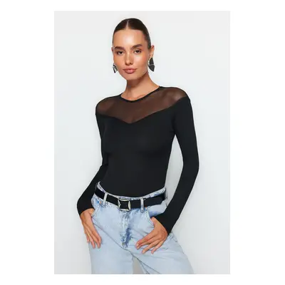 Trendyol Black Slim Snaps Tulle Detailed Heart Neck Ribbed Flexible Knitted Body