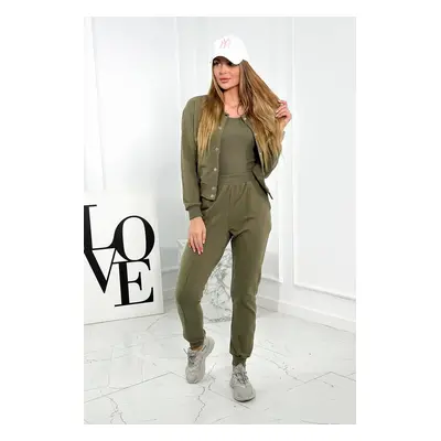 Set of 3in1 sweatshirt with press studs + top + khaki pants